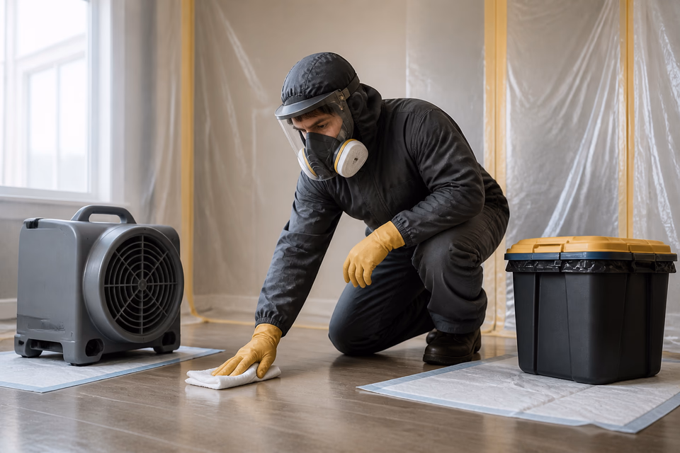 Protective cleanup technician disinfects a contained hard-floor work area.
