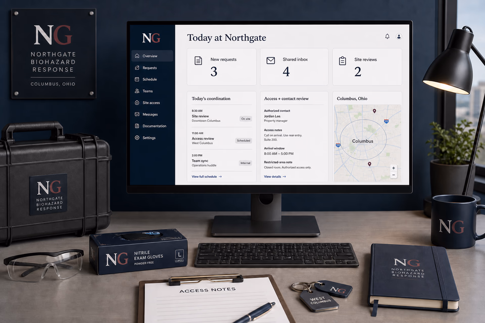 Northgate Biohazard Response operations dashboard with current leads, scheduling, service activity, local visibility, and customer reviews