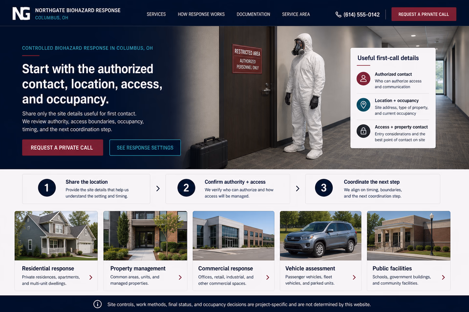 Northgate Biohazard Response customer-facing service page with clear local service details, proof, and a direct request path