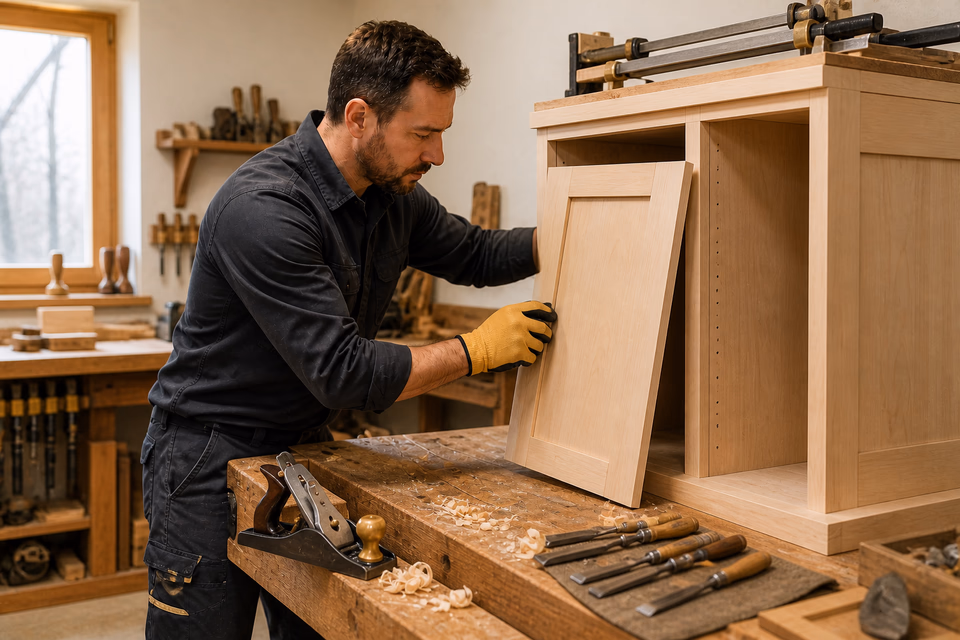 Cabinet maker fitting a maple cabinet door at a woodworking bench.