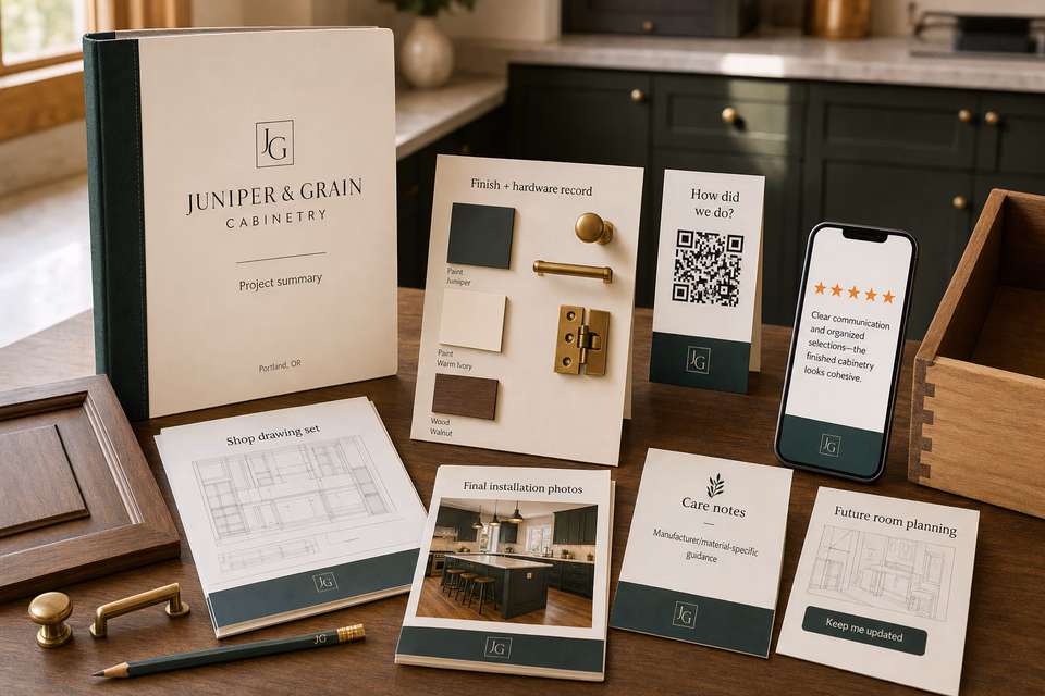 Juniper & Grain Cabinetry retention system showing the customer journey and the team's next action