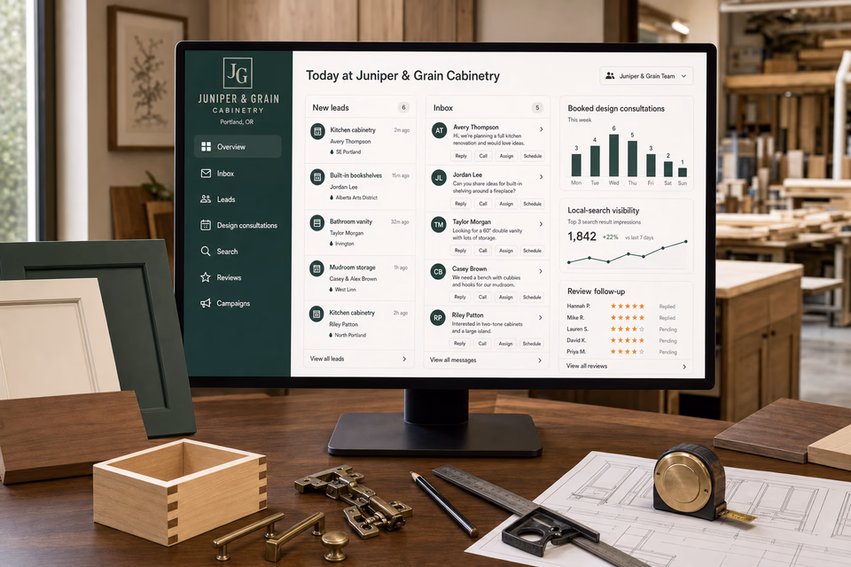Juniper & Grain Cabinetry operations dashboard with current leads, scheduling, service activity, local visibility, and customer reviews