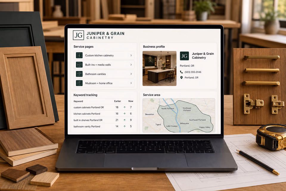 Juniper & Grain Cabinetry visibility system showing the customer journey and the team's next action