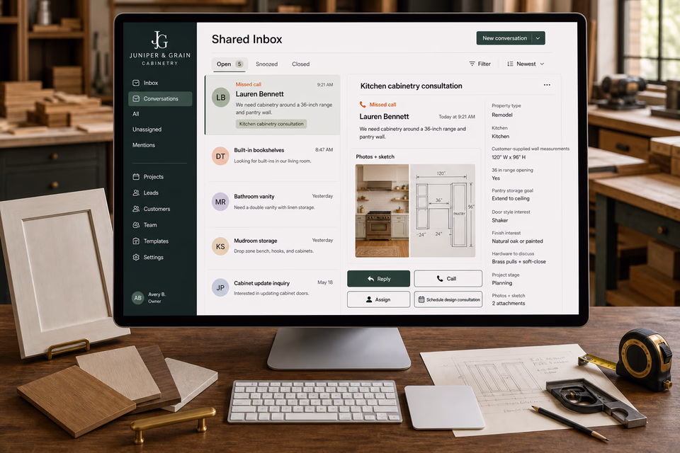 Juniper & Grain Cabinetry response system showing the customer journey and the team's next action