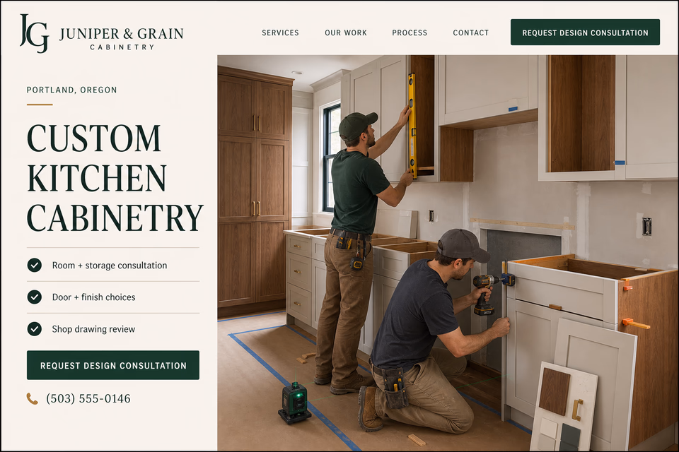 Juniper & Grain Cabinetry customer-facing service page with clear local service details, proof, and a direct request path