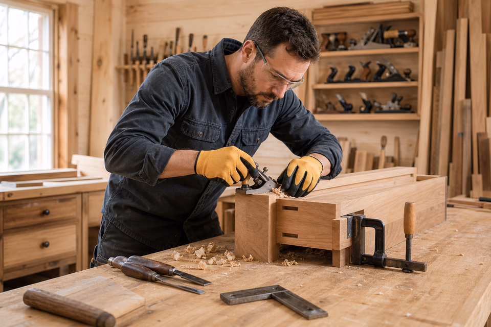 Carpenter hand-planing a clamped hardwood cabinet component.