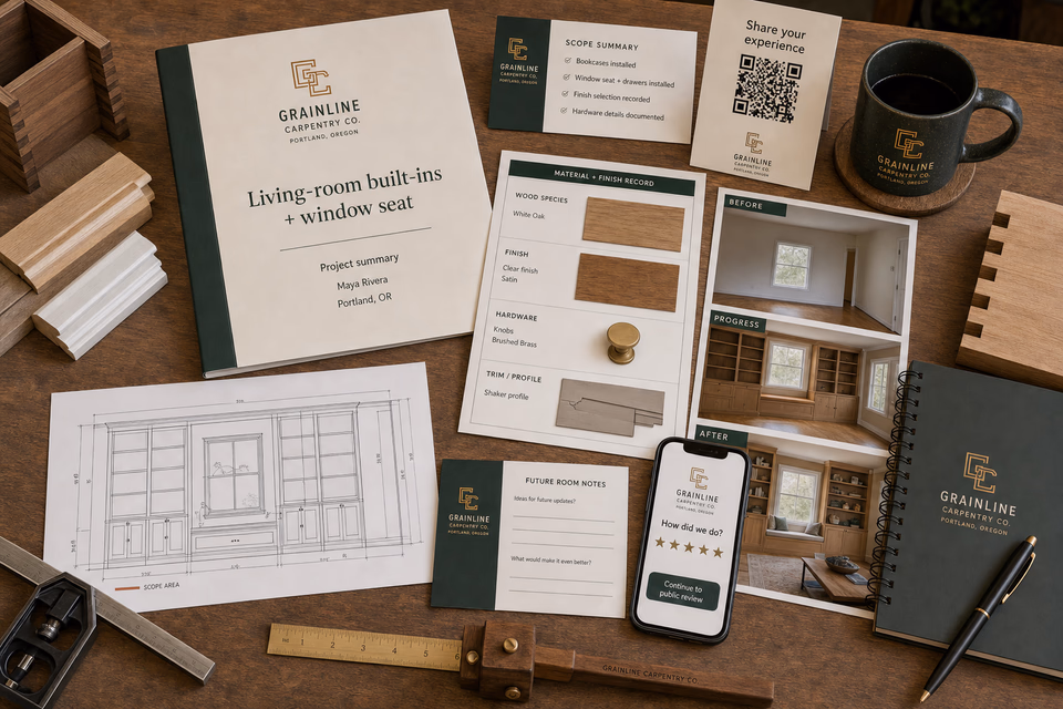Grainline Carpentry Co. retention system showing the customer journey and the team's next action