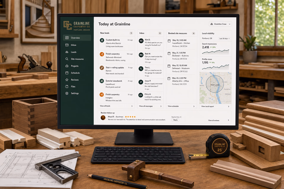 Grainline Carpentry Co. operations dashboard with current leads, scheduling, service activity, local visibility, and customer reviews