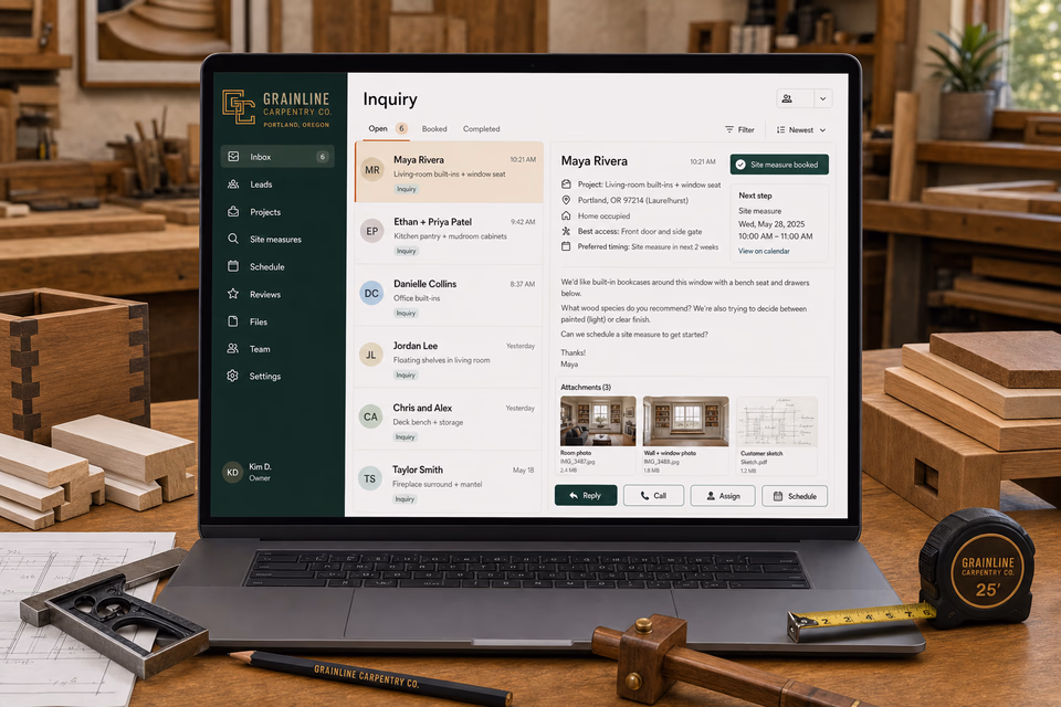 Grainline Carpentry Co. response system showing the customer journey and the team's next action