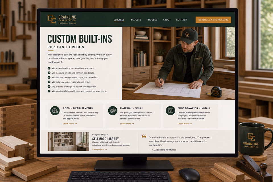 Grainline Carpentry Co. customer-facing service page with clear local service details, proof, and a direct request path