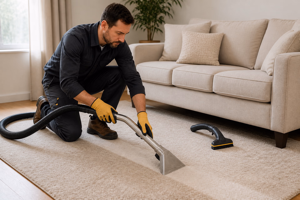 Carpet cleaner guides an extraction wand across a cream area rug beside a sofa.
