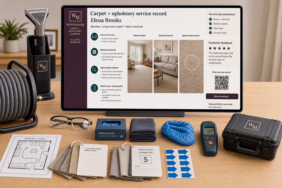 Wovenmark Carpet + Upholstery Cleaning retention system showing the customer journey and the team's next action