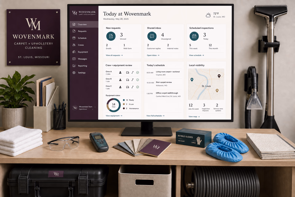 Wovenmark Carpet + Upholstery Cleaning operations dashboard with current leads, scheduling, service activity, local visibility, and customer reviews