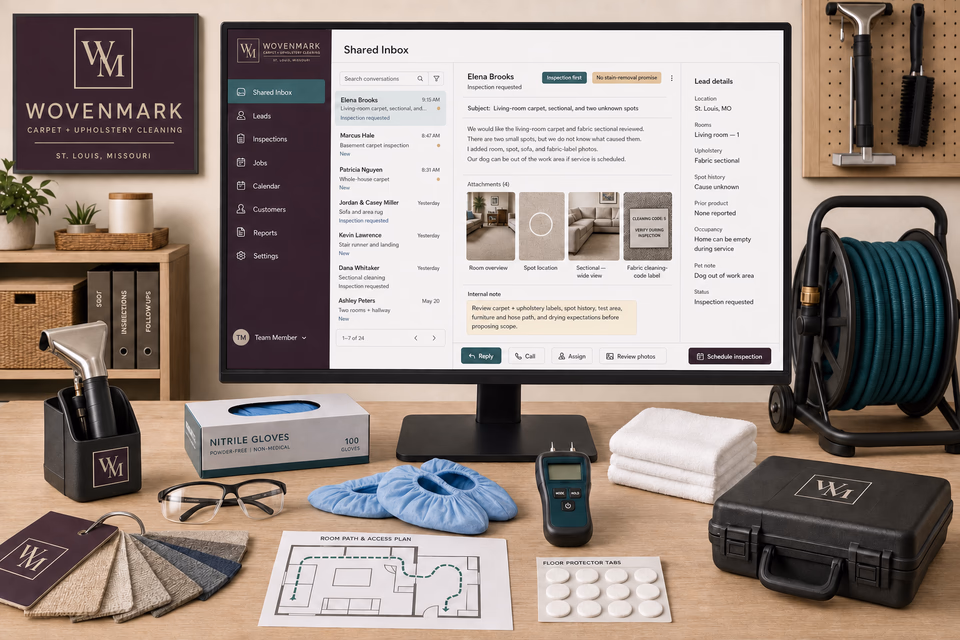 Wovenmark Carpet + Upholstery Cleaning response system showing the customer journey and the team's next action