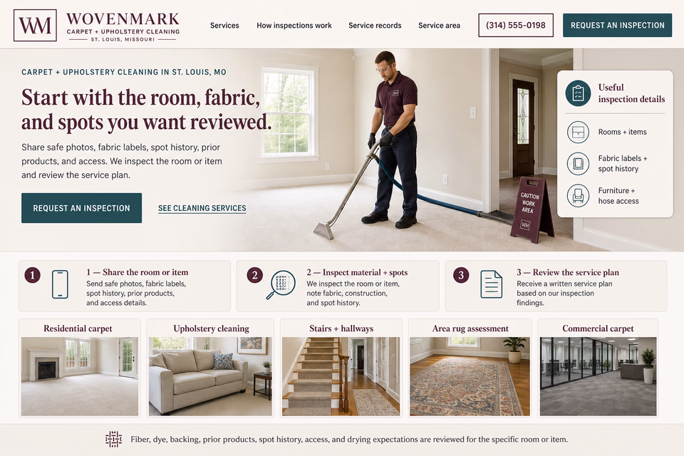 Wovenmark Carpet + Upholstery Cleaning customer-facing service page with clear local service details, proof, and a direct request path