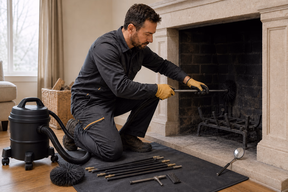 Chimney technician cleaning an unlit brick fireplace with a rotary brush and soot vacuum.