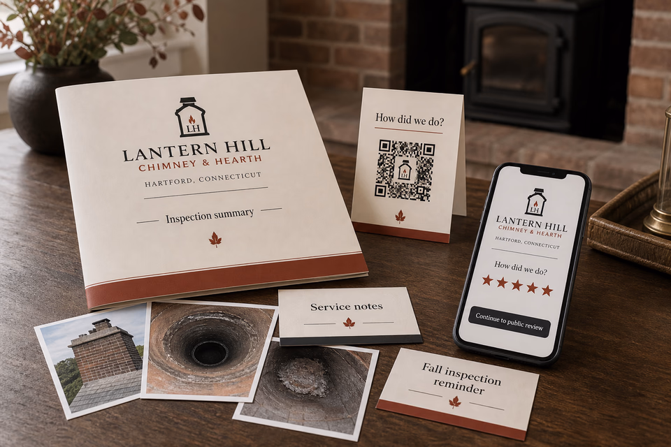 Lantern Hill Chimney & Hearth retention system showing the customer journey and the team's next action