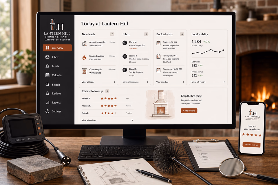 Lantern Hill Chimney & Hearth operations dashboard with current leads, scheduling, service activity, local visibility, and customer reviews