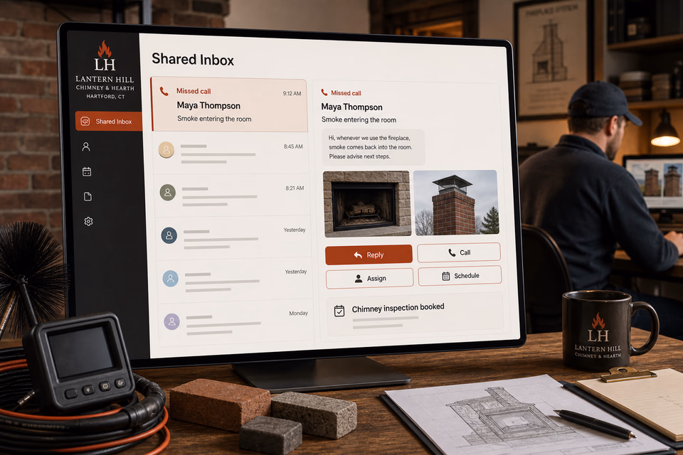 Lantern Hill Chimney & Hearth response system showing the customer journey and the team's next action