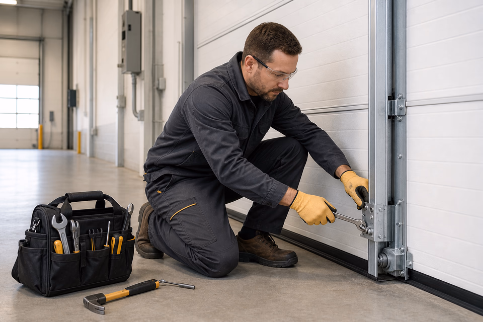 Commercial-door technician adjusting a secured overhead door roller at ground level.