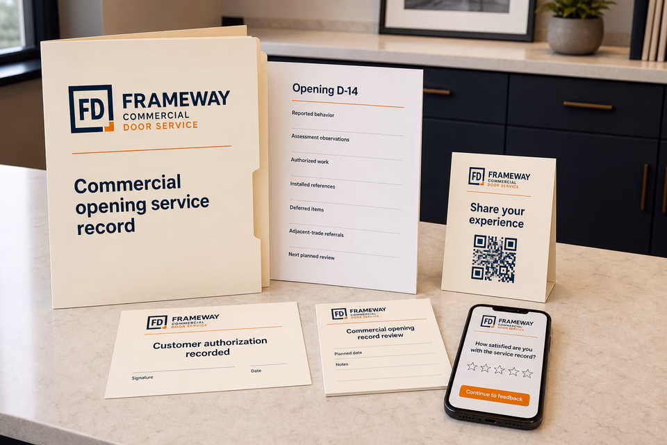 Frameway Commercial Door Service retention system showing the customer journey and the team's next action