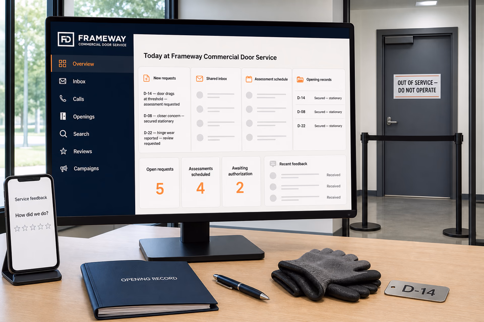 Frameway Commercial Door Service operations dashboard with current leads, scheduling, service activity, local visibility, and customer reviews