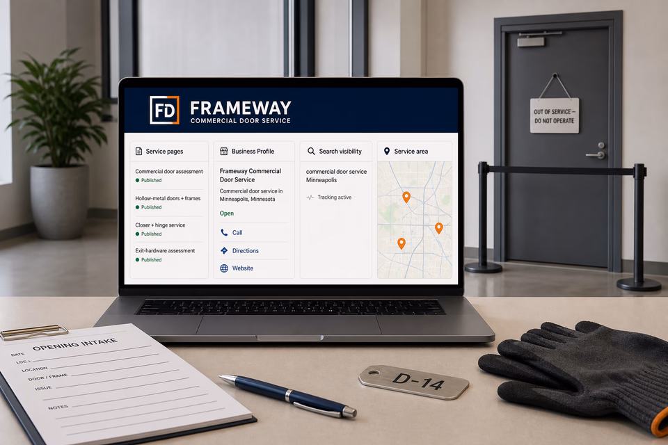Frameway Commercial Door Service visibility system showing the customer journey and the team's next action