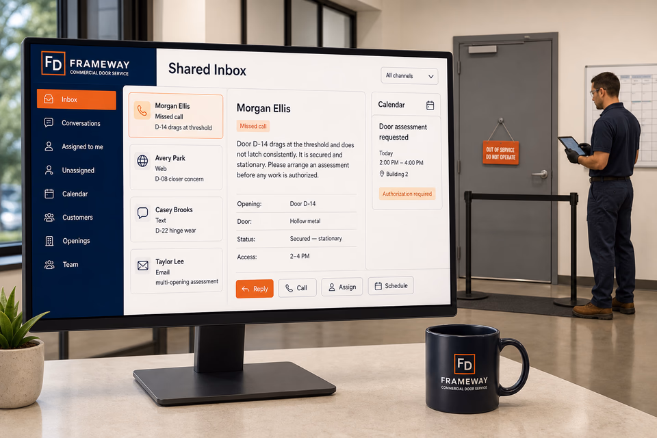 Frameway Commercial Door Service response system showing the customer journey and the team's next action