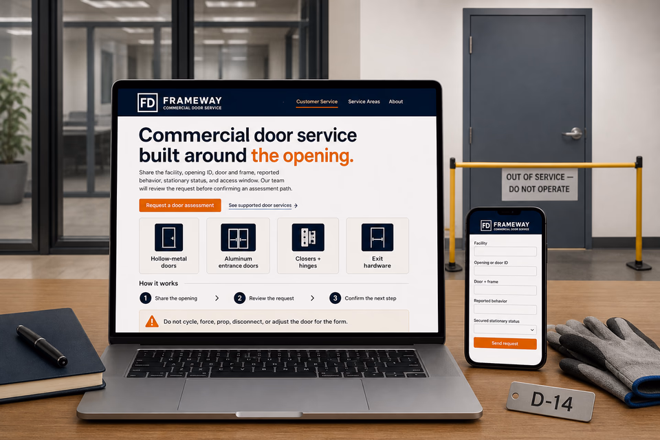 Frameway Commercial Door Service customer-facing service page with clear local service details, proof, and a direct request path