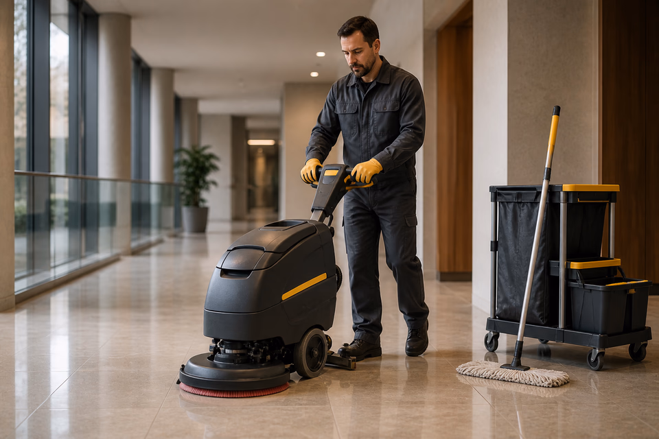 Janitorial worker operates a floor scrubber in an empty commercial corridor.