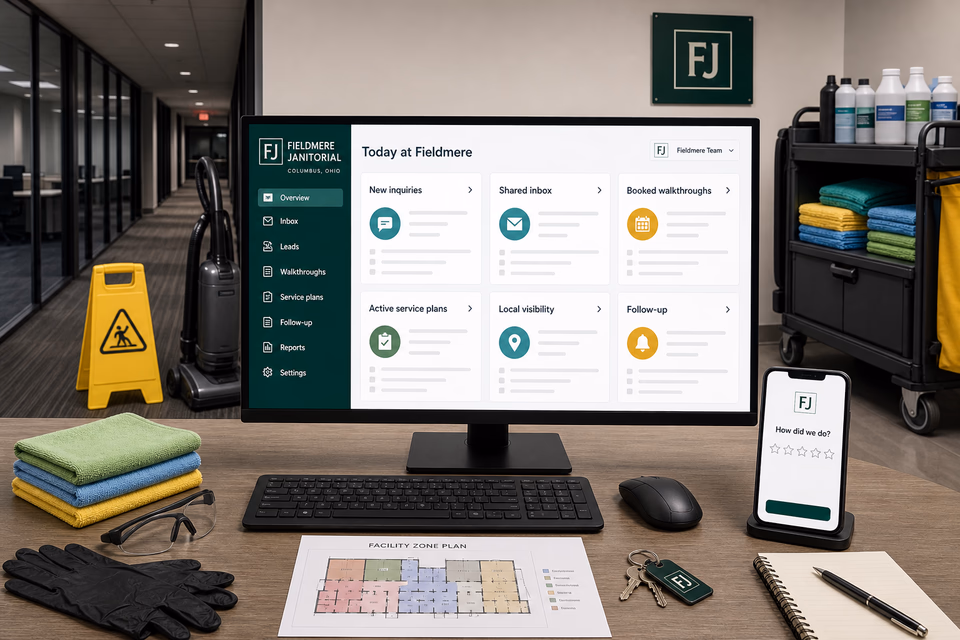 Fieldmere Janitorial operations dashboard with current leads, scheduling, service activity, local visibility, and customer reviews