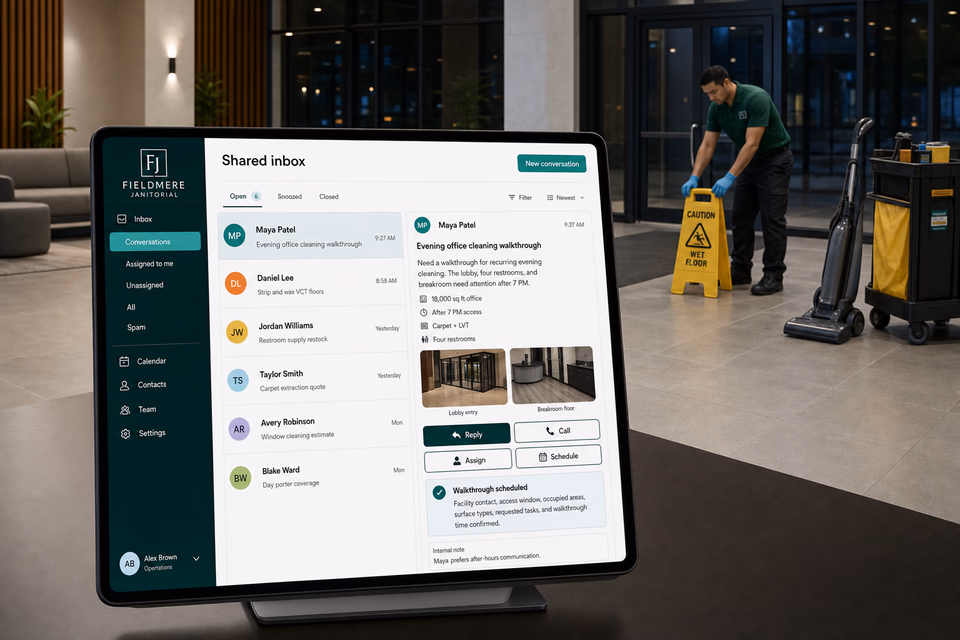 Fieldmere Janitorial response system showing the customer journey and the team's next action