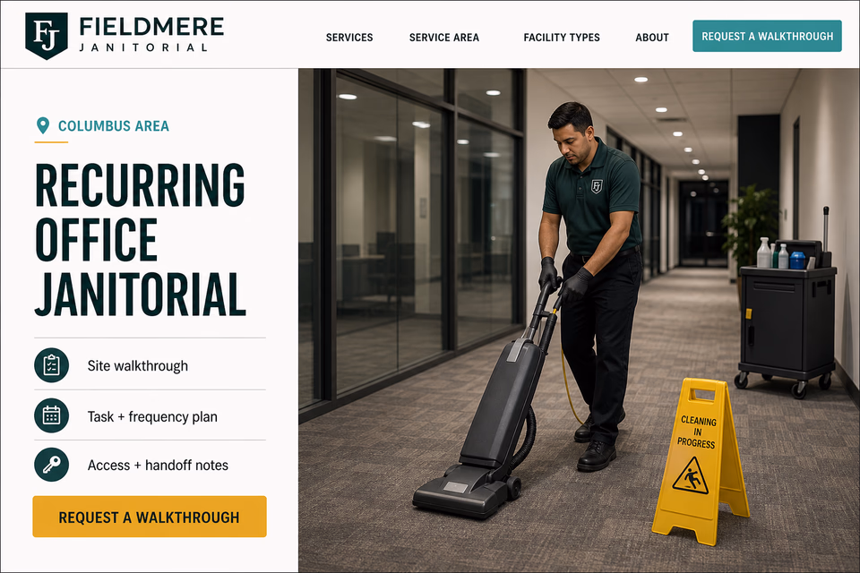 Fieldmere Janitorial customer-facing service page with clear local service details, proof, and a direct request path