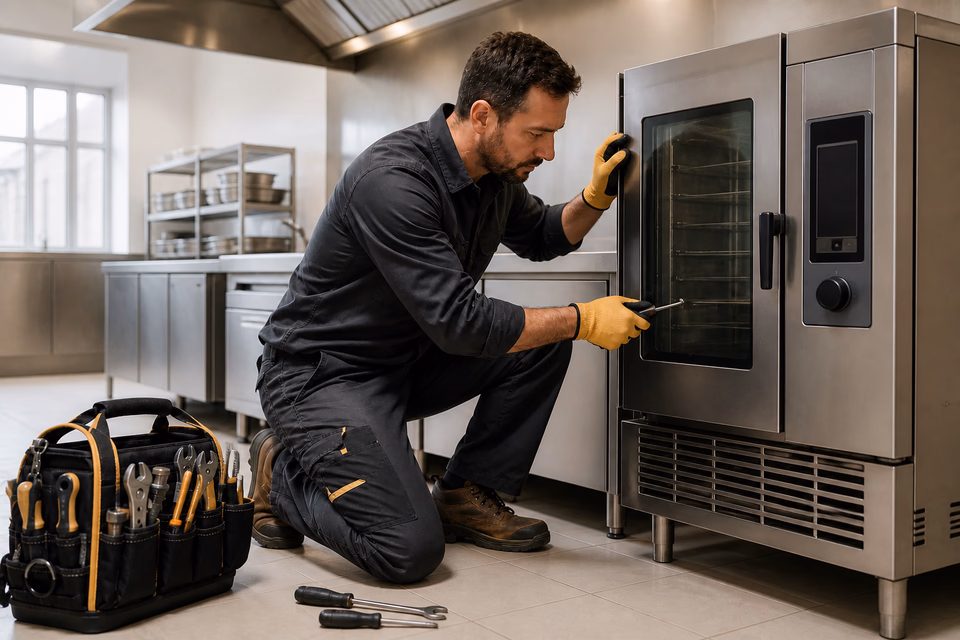 Commercial kitchen technician inspecting a powered-down stainless convection oven.