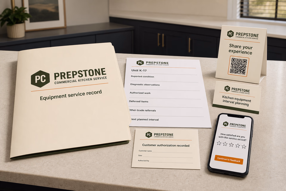 Prepstone Commercial Kitchen Service retention system showing the customer journey and the team's next action