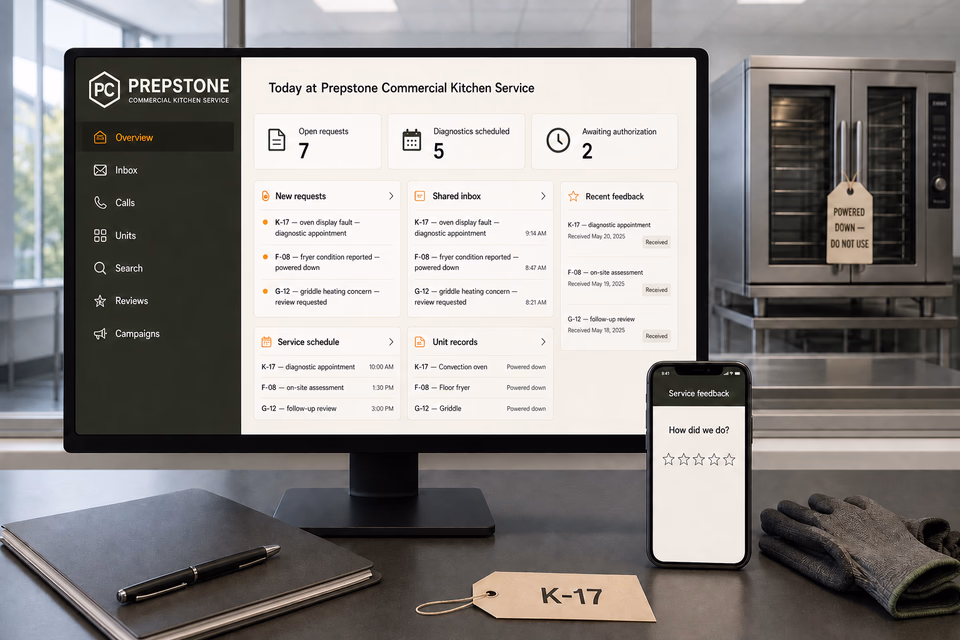 Prepstone Commercial Kitchen Service operations dashboard with current leads, scheduling, service activity, local visibility, and customer reviews