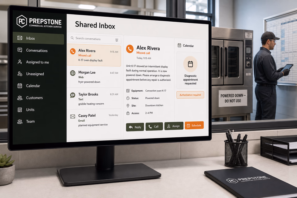 Prepstone Commercial Kitchen Service response system showing the customer journey and the team's next action
