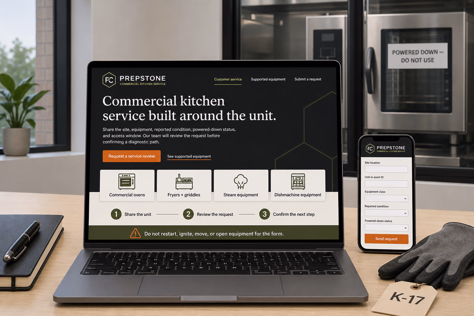 Prepstone Commercial Kitchen Service customer-facing service page with clear local service details, proof, and a direct request path