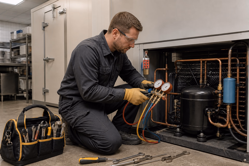 Refrigeration technician inspecting an isolated commercial cooler compressor and copper lines.