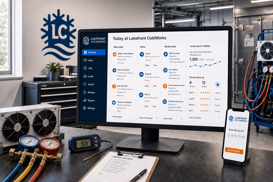 Lakefront ColdWorks operations dashboard with current leads, scheduling, service activity, local visibility, and customer reviews