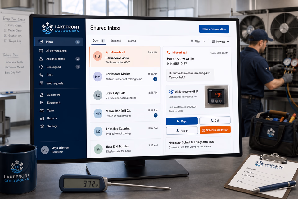 Lakefront ColdWorks response system showing the customer journey and the team's next action