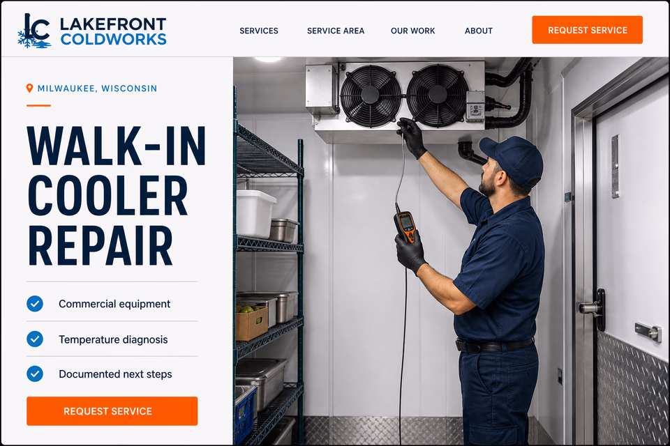 Lakefront ColdWorks customer-facing service page with clear local service details, proof, and a direct request path
