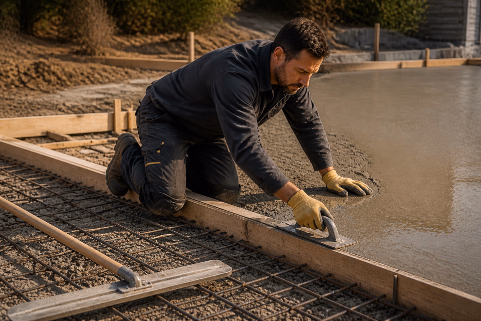 Concrete finisher smooths the edge of a freshly poured slab inside wood forms.