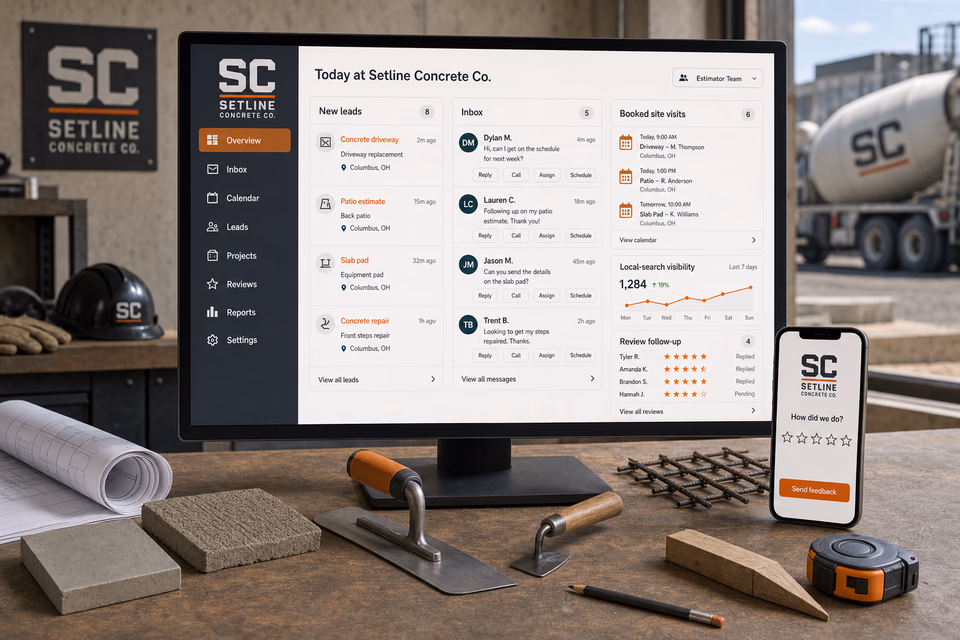 Setline Concrete Co. operations dashboard with current leads, scheduling, service activity, local visibility, and customer reviews
