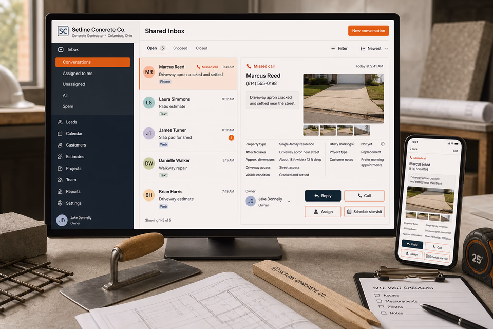 Setline Concrete Co. response system showing the customer journey and the team's next action