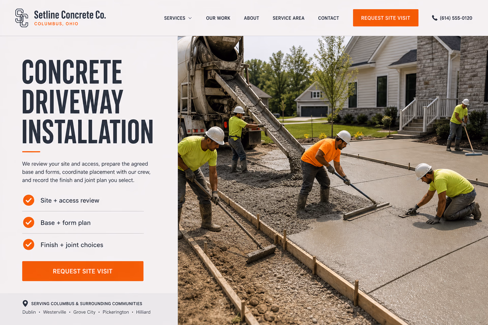 Setline Concrete Co. customer-facing service page with clear local service details, proof, and a direct request path