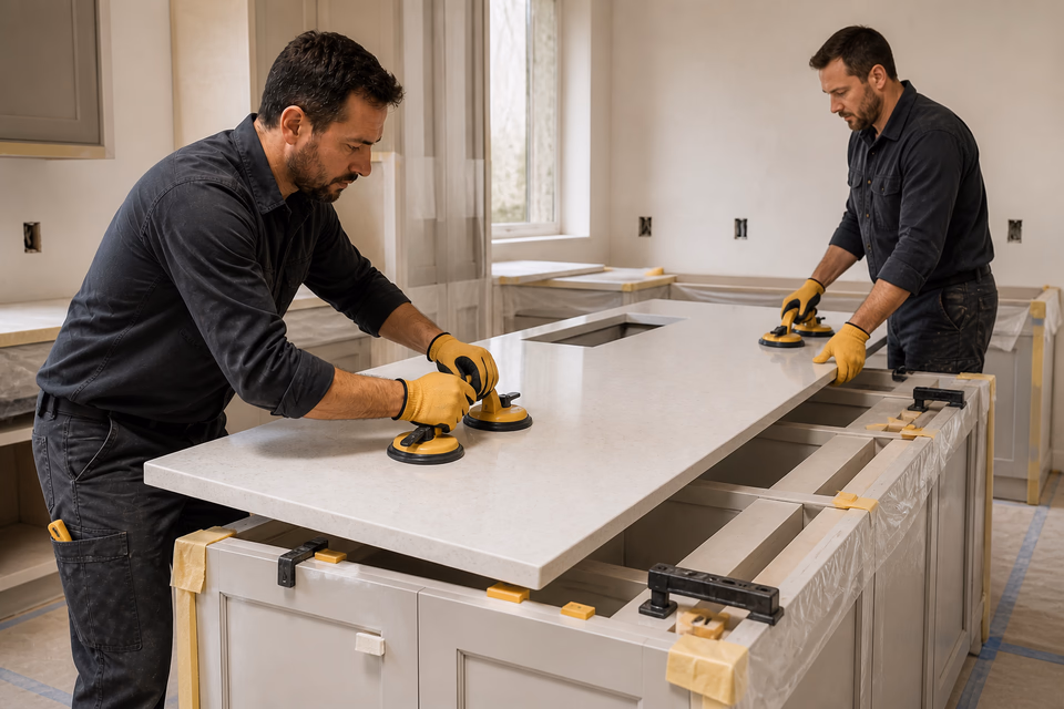 Countertop installers positioning a quartz slab onto base cabinets with suction handles.