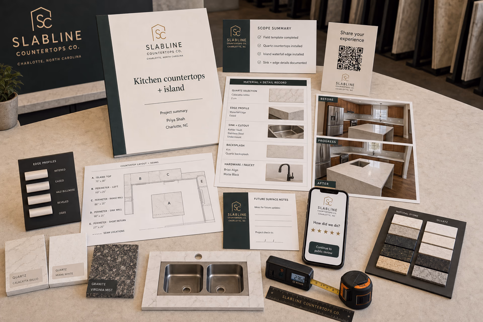 Slabline Countertops Co. retention system showing the customer journey and the team's next action