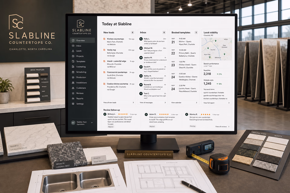 Slabline Countertops Co. operations dashboard with current leads, scheduling, service activity, local visibility, and customer reviews