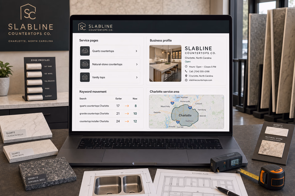 Slabline Countertops Co. visibility system showing the customer journey and the team's next action